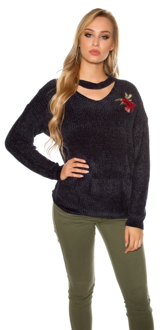 Trendy knit sweater with floral embroidery Navy